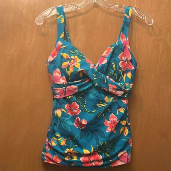 Land’s End V wrap Tankini tankini in Deep turquoise lily palm print underwire 6 - Picture 1 of 12